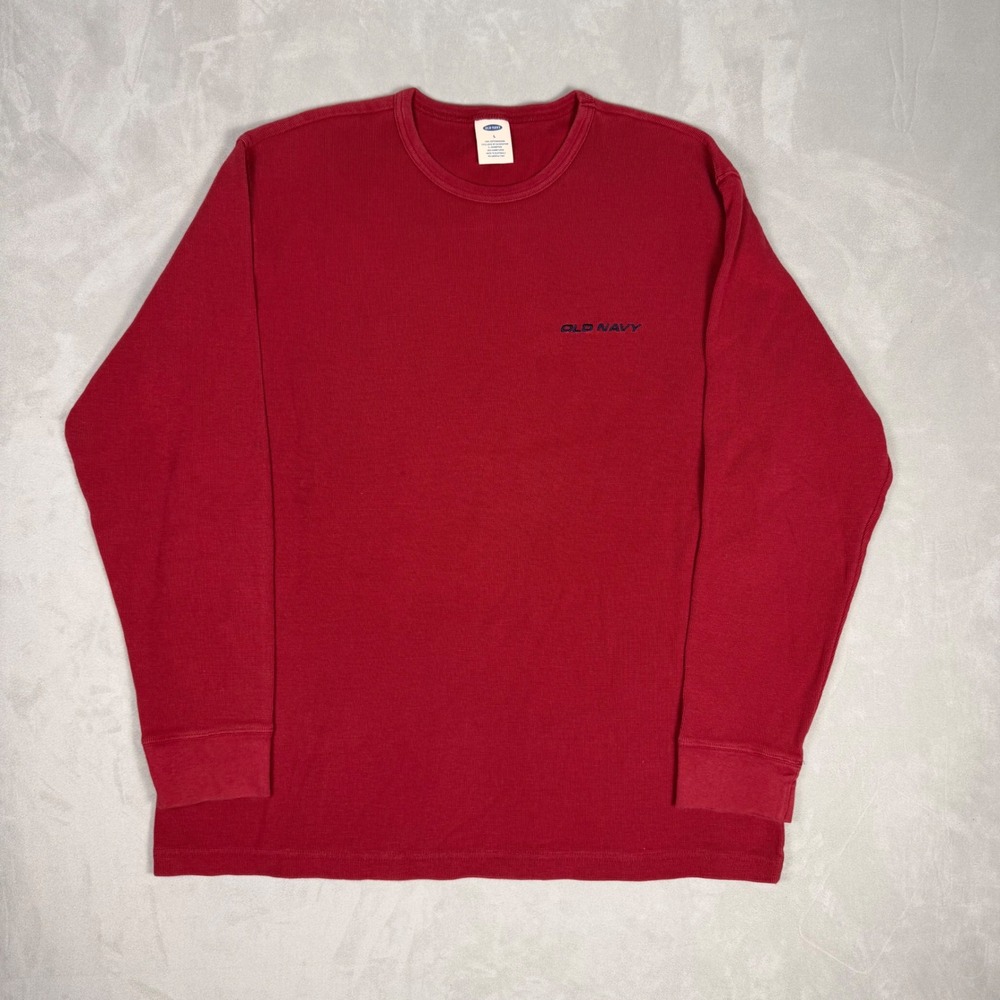 90s Mens Old Navy Embroidered Thermal Waffle Knit Long Sleeve Shirt Red Large